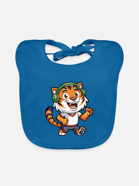 Tiger Funny Cartoon Character Headphone Music - Organic Baby Bibs - peacock-blue - Front