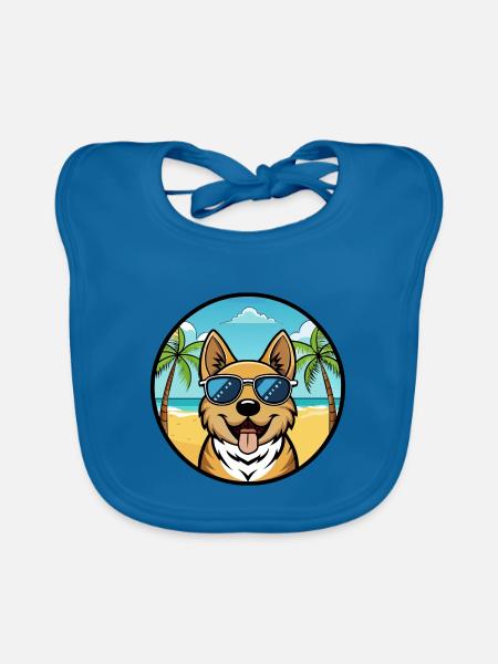 South Russian Ovcharka Dog Breed Cartoon Beach - Organic Baby Bibs - peacock-blue - Front