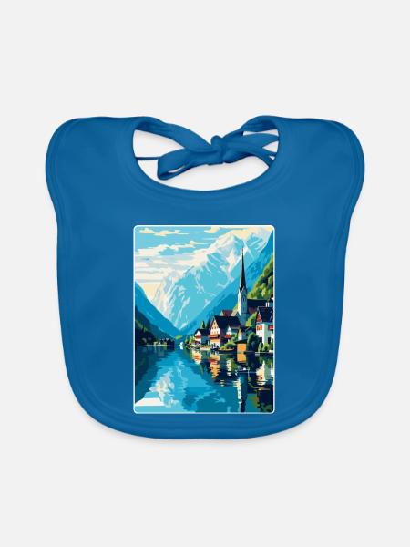 Hallstatt Lac Autriche Affiche de voyage vintage WPA - Bavoir bio Bébé - bleu paon - Devant