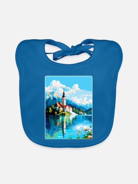Lac de Bled, Slovénie, Affiche de voyage vintage, Souvenir - Bavoir bio Bébé - bleu paon - Devant