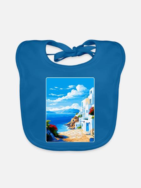 Milos Grèce Vintage Affiche de voyage WPA Souvenir - Bavoir bio Bébé - bleu paon - Devant