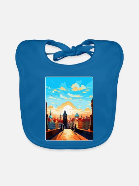 Prague République tchèque Affiche de voyage vintage WPA - Bavoir bio Bébé - bleu paon - Devant