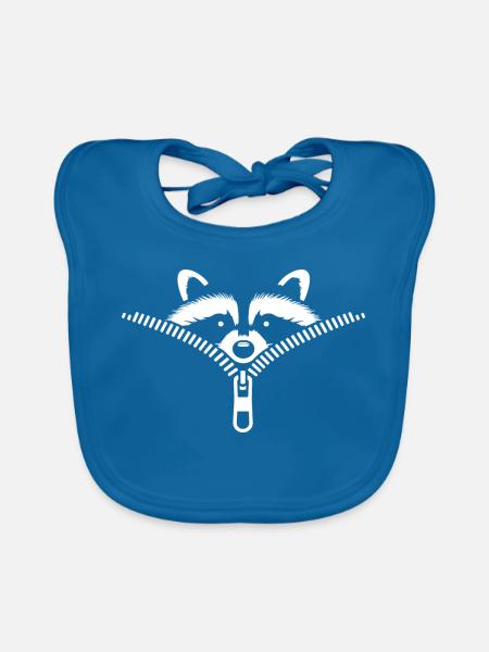 Small raccoon hidden in a zipper - Organic Baby Bibs - peacock-blue - Front