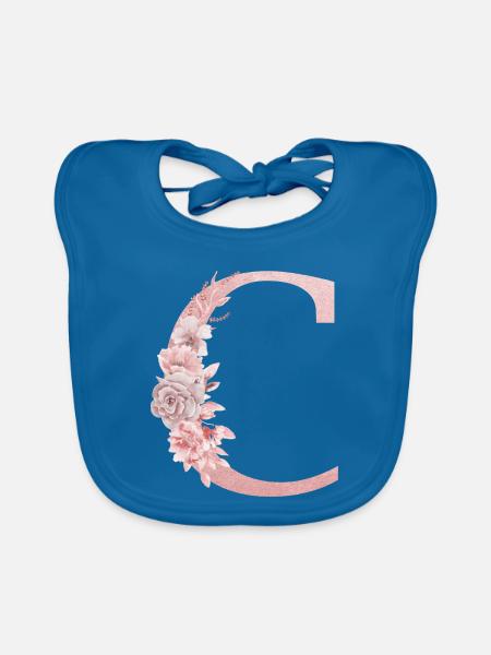 Buchstabe C Rosa Blumen - Baby Bio-Lätzchen - Pfauenblau