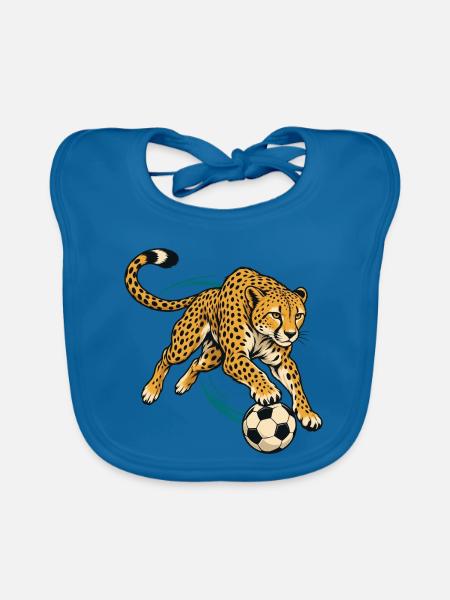 Gepard mit Fußball – Dynamisches Sportmotiv - Baby Bio-Lätzchen - Pfauenblau - Vorne