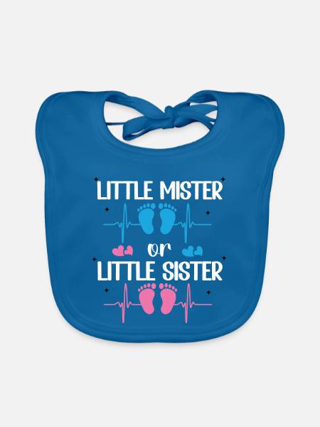 Little Mister Or Little Sister Baby-Geschlechtsenthüllung - Baby Bio-Lätzchen - Pfauenblau - Vorne