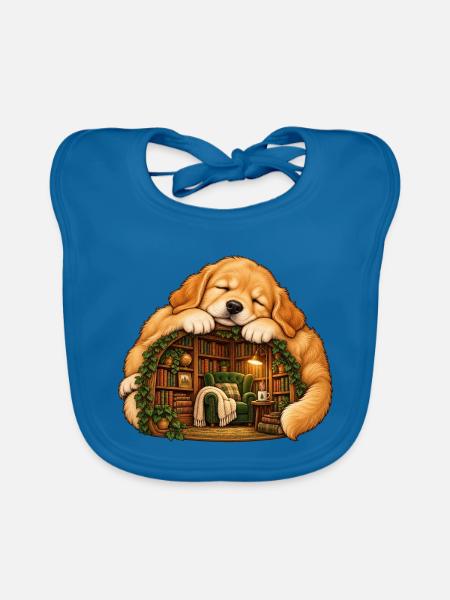 Schlafender Golden Retriever mit einer gemütlichen Bibliothek - Baby Bio-Lätzchen - Pfauenblau - Vorne