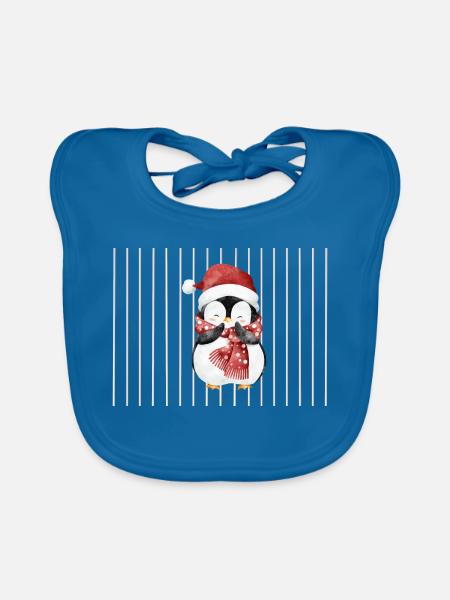 Pinguin mit Santa-Hut und Schal - Baby Bio-Lätzchen - Pfauenblau