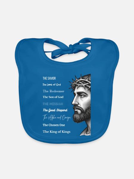 Jesus Porträt mit Dornenkrone und Titeln - Baby Bio-Lätzchen - Pfauenblau - Vorne