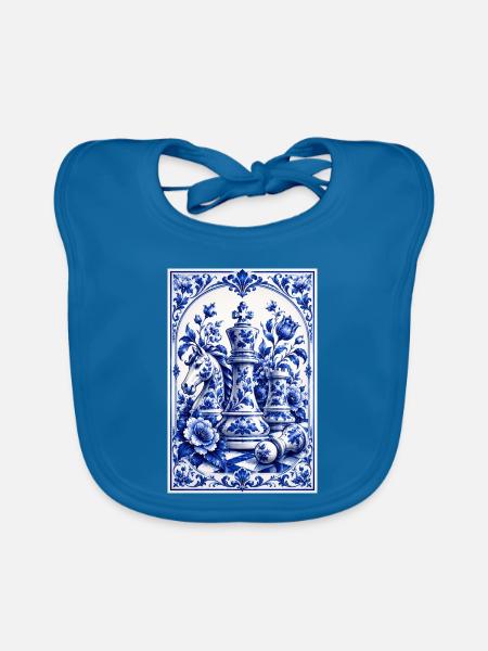 Porzellan Schachbrett - Geschenk Schachspieler - Baby Bio-Lätzchen - Pfauenblau - Vorne
