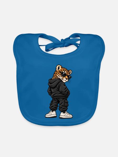 Leopard im Streetstyle – Urbaner Wildkatzenlook - Baby Bio-Lätzchen - Pfauenblau - Vorne