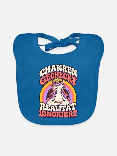 Yoga Einhorn – Chakren gecheckt - Baby Bio-Lätzchen - Pfauenblau - Vorne