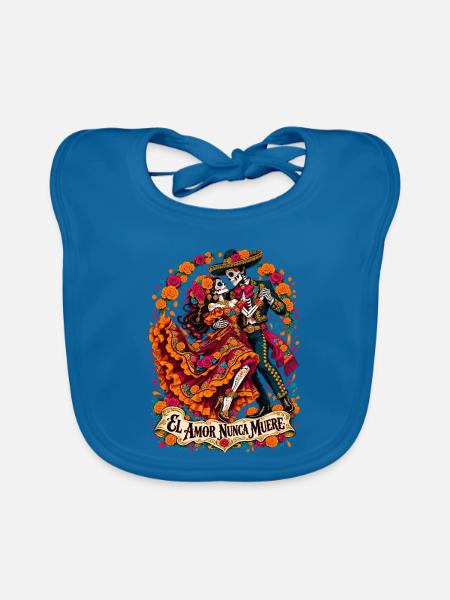 Liebe bleibt: Dia Muertos Paar - Baby Bio-Lätzchen - Pfauenblau - Vorne