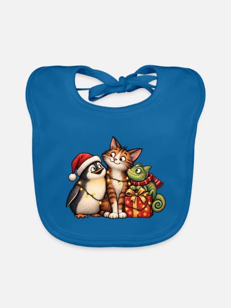 Weihnachts-Pinguin-Katze und Chamäleon-Freunde - Baby Bio-Lätzchen - Pfauenblau - Vorne