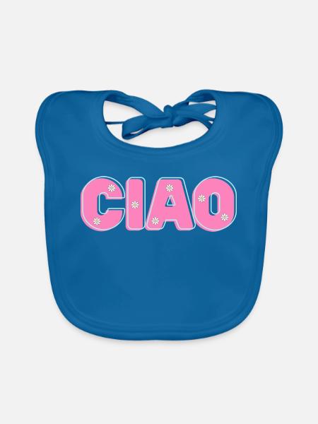 CIAO mit Blumen – Retro-Schriftzug in Pink und Min - Baby Bio-Lätzchen - Pfauenblau - Vorne