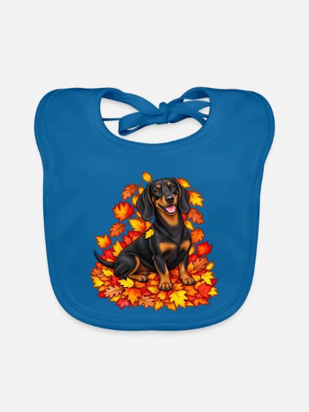 Herbstlicher Dackel mit Laub - Baby Bio-Lätzchen - Pfauenblau - Vorne