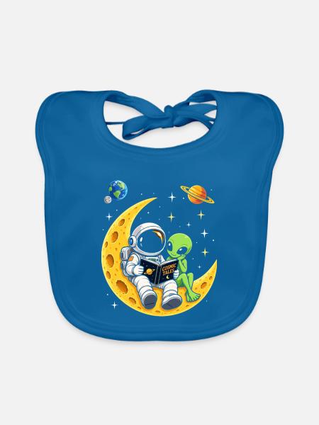 Lesen, Buch, Astronaut, Alien, Weltall, Mond - Baby Bio-Lätzchen - Pfauenblau - Vorne