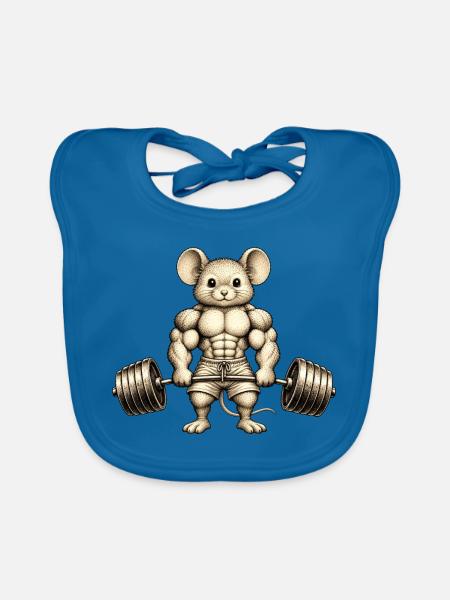 Maus Hantel Gewichtheber Sport Muskulös - Baby Bio-Lätzchen - Pfauenblau - Vorne
