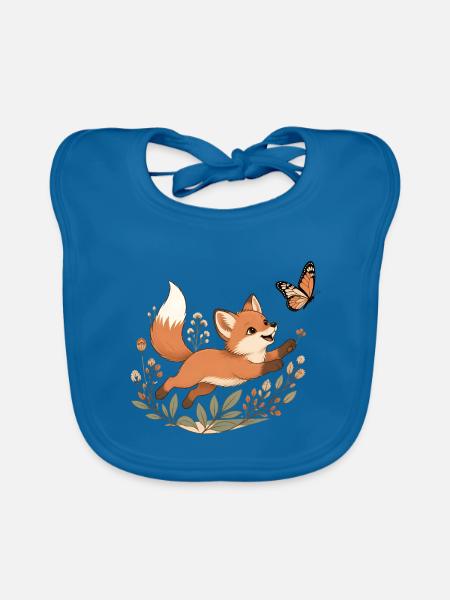 Boho Fuchs Welpe Schmetterling Line Art T-Shirt - Baby Bio-Lätzchen - Pfauenblau - Vorne