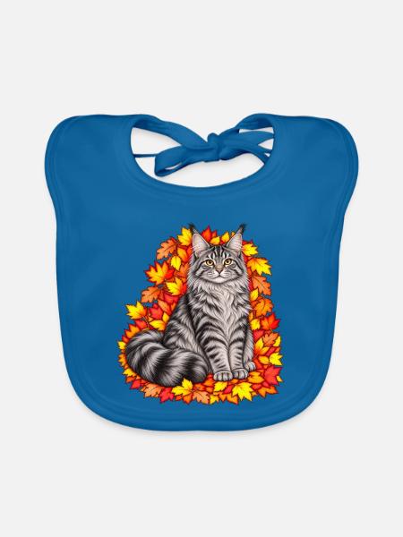 Herbstkatze auf Blätterkranz - Baby Bio-Lätzchen - Pfauenblau - Vorne