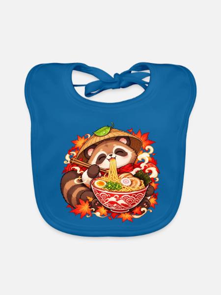 Tanuki mit Ramen und Strohhut | Noventra - Baby Bio-Lätzchen - Pfauenblau - Vorne