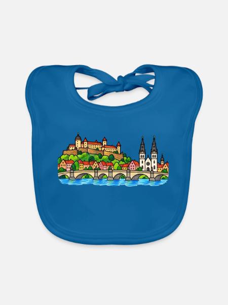 Würzburg Skyline im bunten Wachsmalstil - Baby Bio-Lätzchen - Pfauenblau - Vorne