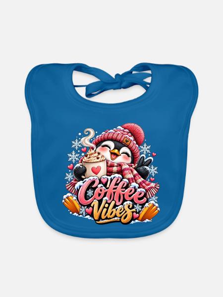Kaffee Vibes Pinguin Winterdesign - Baby Bio-Lätzchen - Pfauenblau - Vorne