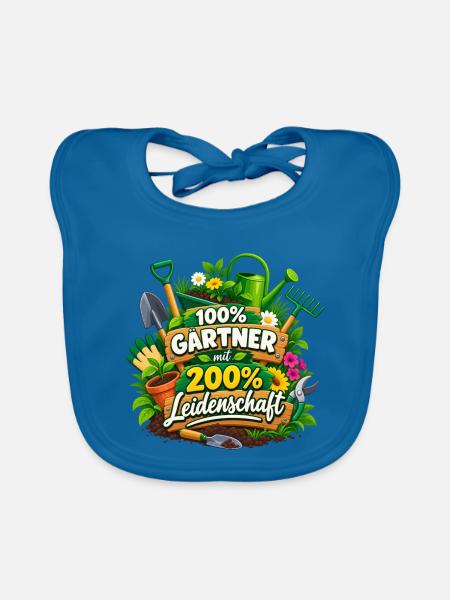 Gärtner mit 200% Leidenschaft - Baby Bio-Lätzchen - Pfauenblau - Vorne