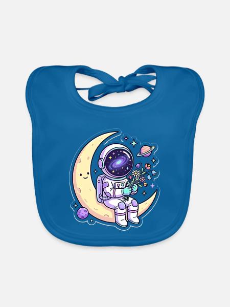 Mondfreund Astronaut mit Blumen - Baby Bio-Lätzchen - Pfauenblau - Vorne