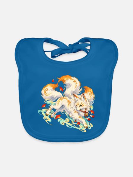 Kitsune Fuchs mit Flammen und Ahorn | Noventra - Baby Bio-Lätzchen - Pfauenblau - Vorne