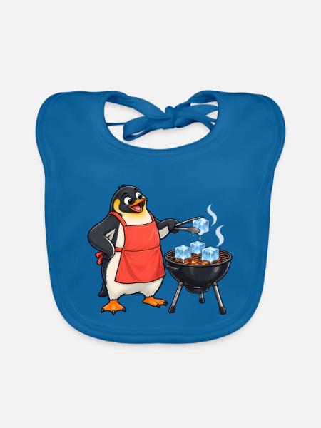 Lustiger Pinguin grillt Eiswürfel am Kugelgrill - Baby Bio-Lätzchen - Pfauenblau - Vorne