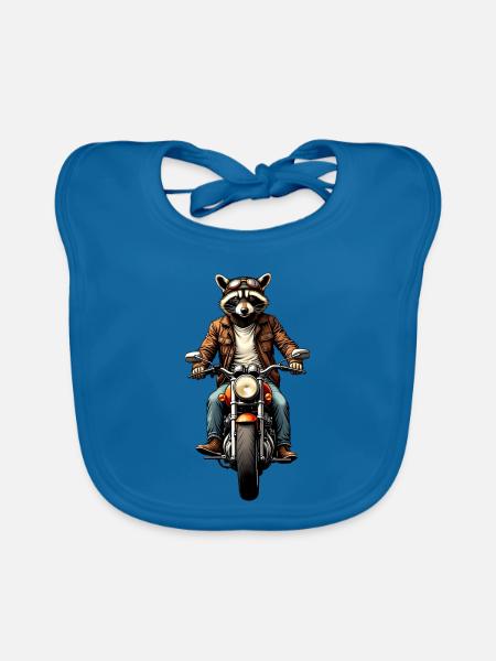 Waschbär auf Oldtimer-Motorrad, Gravur – ohne Text - Baby Bio-Lätzchen - Pfauenblau - Vorne