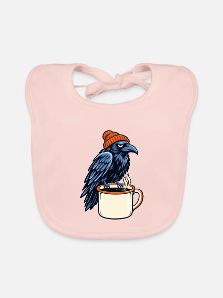Rabe mit Mütze über Kaffeebecher - Baby Bio-Lätzchen - Rose - Vorne