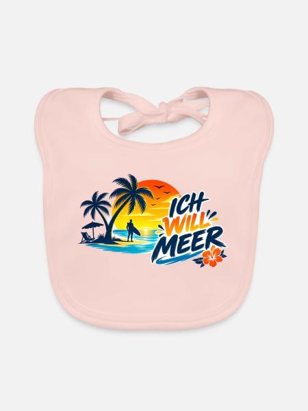 Tropischer_Sonnenuntergang_mit_ICH_WILL_MEER - Baby Bio-Lätzchen - Rose - Vorne