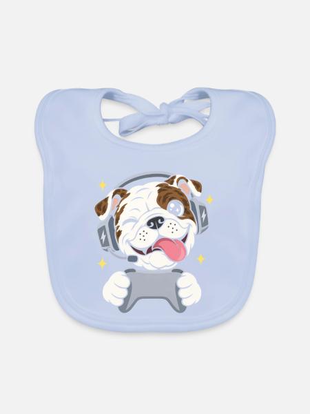 Gaming Englische Bulldogge mit Headset Controller - Baby Bio-Lätzchen - sky Blue