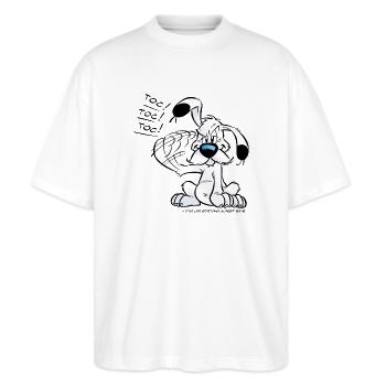 Asterix & Obelix Idefix Klopft Toc Toc Toc - Stanley/Stella Oversized Unisex Bio T-Shirt Blaster 2.0 - Weiß - Vorne - Alina (178cm) & Michal (187cm)