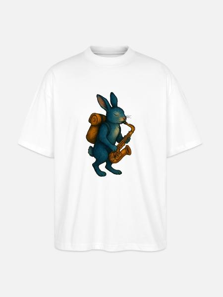 Lapin Bleu avec Saxophone - T-shirt bio Blaster 2.0 coupe oversize Stanley/Stella Unisexe - blanc
