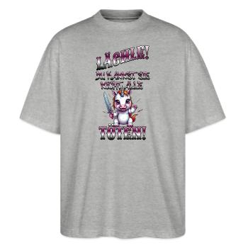 Böses Einhorn, lustiger Spruch - Stanley/Stella Oversized Unisex Bio T-Shirt Blaster 2.0 - Grau meliert - Vorne - Alina (178cm) & Michal (187cm)