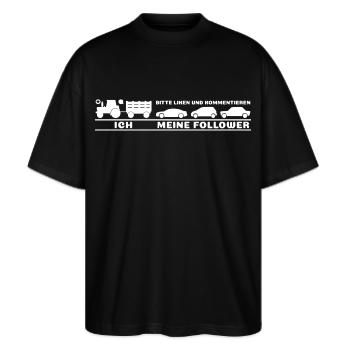 Ich, meine Follower - Traktor Autos Bauer Landwirt - Stanley/Stella Oversized Unisex Bio T-Shirt Blaster 2.0 - Schwarz - Vorne - Alina (178cm) & Michal (187cm)