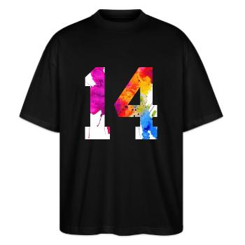 NUMMER 14 JAHRE ALT 14. GEBURTSTAG - Stanley/Stella Oversized Unisex Bio T-Shirt Blaster 2.0 - Schwarz - Vorne - Alina (178cm) & Michal (187cm)