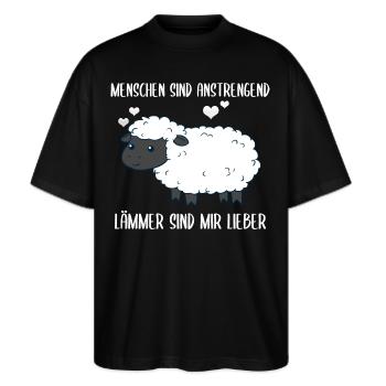 Menschen Sind Anstrengend Lämmer Spruch Lamm Schaf - Stanley/Stella Oversized Unisex Bio T-Shirt Blaster 2.0 - Schwarz - Vorne - Alina (178cm) & Michal (187cm)