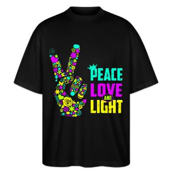 Peace Love Light Handzeichen Friedenssymbol Neon - Stanley/Stella Oversized Unisex Bio T-Shirt Blaster 2.0 - Schwarz - Vorne - Alina (178cm) & Michal (187cm)