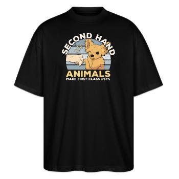 Tiere aus zweiter Hand sind erstklassige Haustiere - Stanley/Stella Oversized Unisex Bio T-Shirt Blaster 2.0 - Schwarz - Vorne - Alina (178cm) & Michal (187cm)