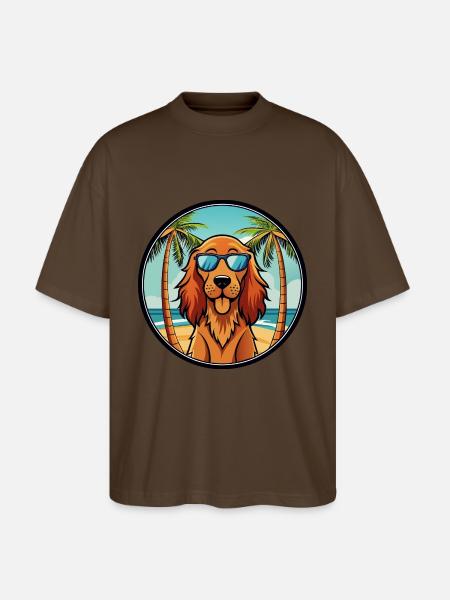 Irsk Setter Hund Race Tegneserie Solbriller Beach - Stanley/Stella Oversize Unisex Øko T-shirt Blaster 2.0 - mørkebrun