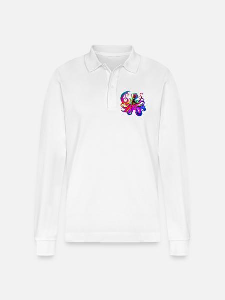 Psychedelic Neon Octopus - Stanley/Stella Organic Unisex Long-Sleeved Polo Shirt Prepster - white