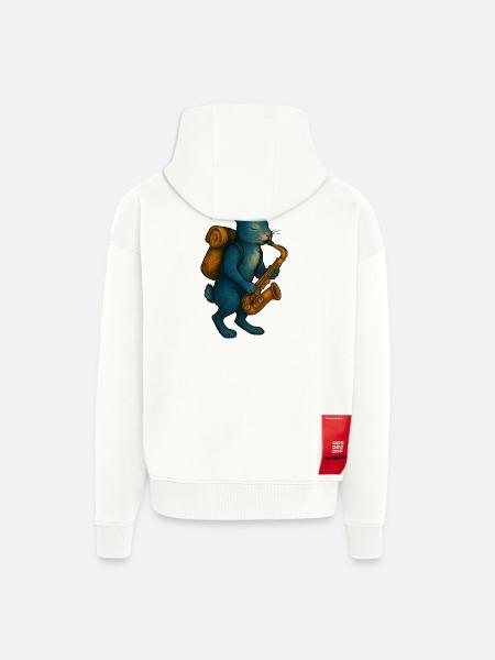 Lapin Bleu avec Saxophone - Veste à capuche bio épaisse oversize fabriqué en UE - OFF WHITE