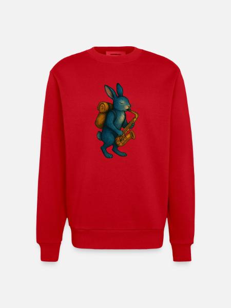 Lapin Bleu avec Saxophone - Sweat bio épais oversize fabriqué en UE - rouge