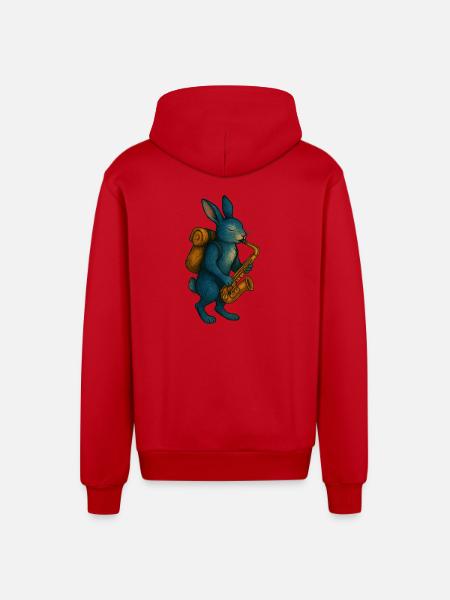 Lapin Bleu avec Saxophone - Veste à capuche bio décontractée fabriquée en UE - rouge