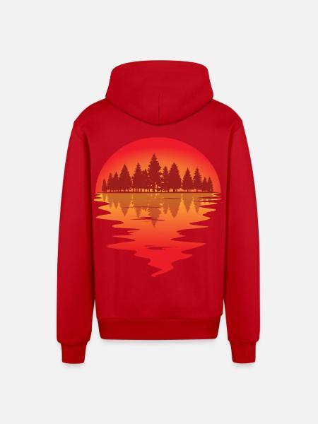 Sunset at the forest lake - Organic Relaxed Hooded Jacket Made in EU - red