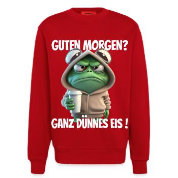 Morgenfrosch im Hoodie mit Kaffee - Sweatshirt - made by SPREAD  - Rot - Vorne